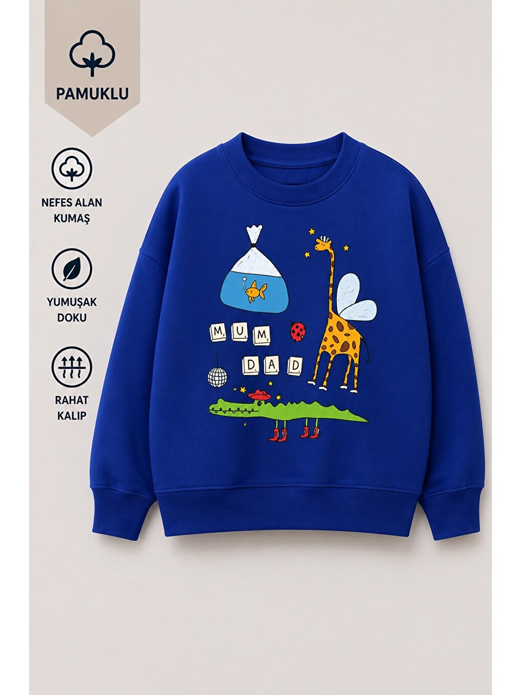 Lacivert Erkek Çocuk 3 İplik Kumaş Zürafa Baskılı Pamuklu Sweatshirt-1