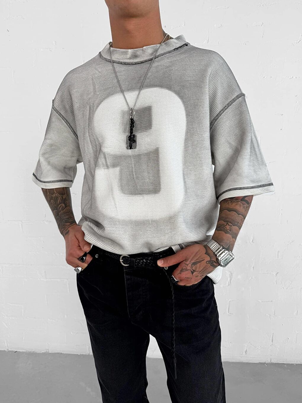 Erkek Dikiş Detaylı Waffle Kumaş Oversize Tişört Beyaz-3