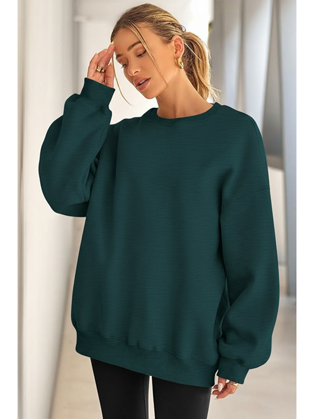 Yeşil Genıus Store Kadın Sweatshirt Oversize Geniş Kalıp İçi Şardonlu Bisiklet Yaka Oversize Sweatshirt KA