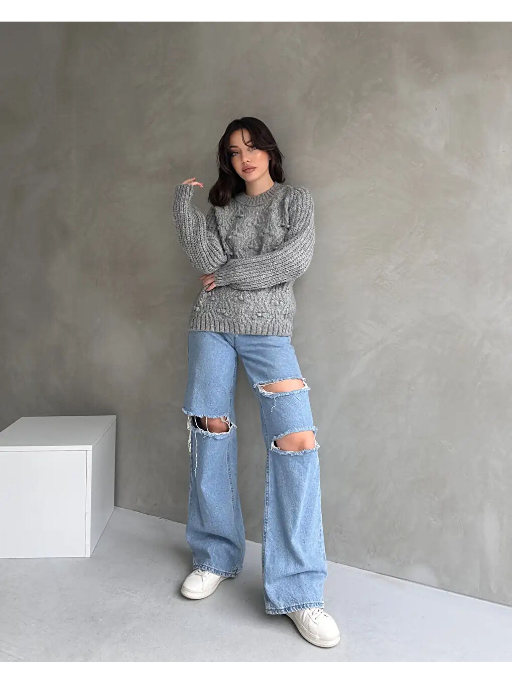 Bisiklet Yaka Bürümcük Detaylı Triko Kazak Gri-1