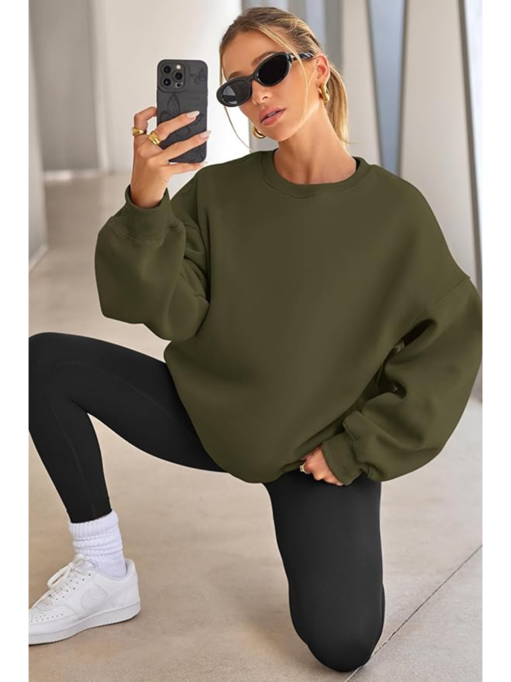 Haki Genıus Store Kadın Sweatshirt Oversize Geniş Kalıp İçi Şardonlu Bisiklet Yaka Oversize Sweatshirt KA-1