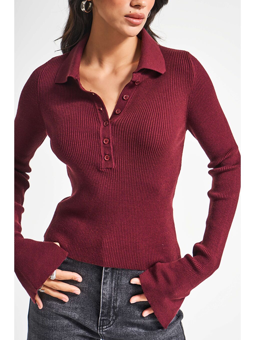 Kadın Bordo Renk w5-35 Polo Yaka Viskon Esnek Kumaş Triko