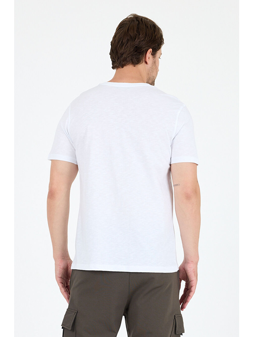 Beyaz Bisiklet Yaka Baskılı Penye Erkek %100 Pamuk Tişört-4