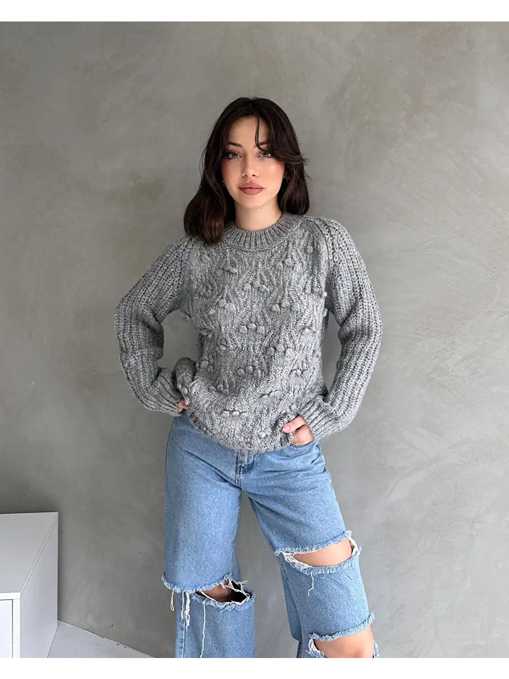 Bisiklet Yaka Bürümcük Detaylı Triko Kazak Gri-2