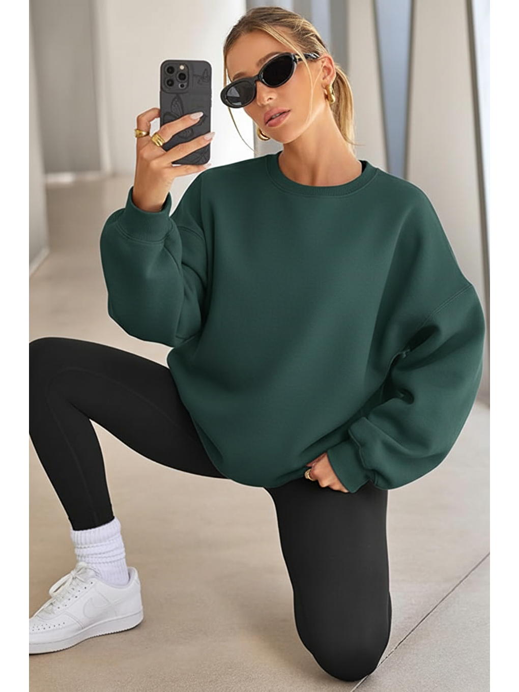 Yeşil Genıus Store Kadın Sweatshirt Oversize Geniş Kalıp İçi Şardonlu Bisiklet Yaka Oversize Sweatshirt KA-1