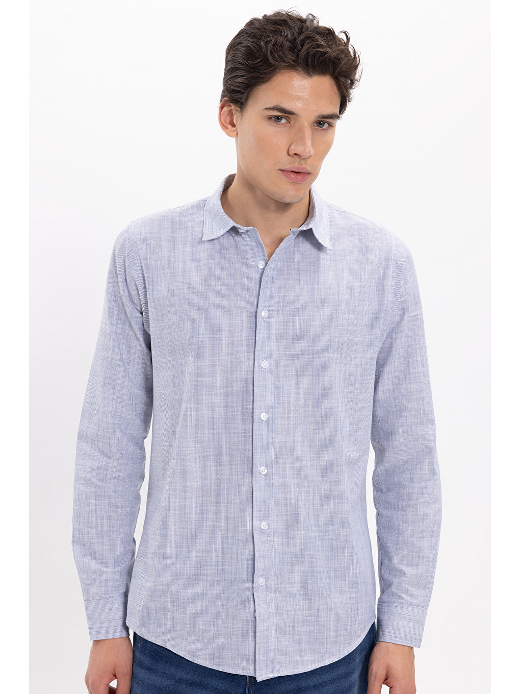 Erkek Slim Fit Dar Kesim %100 Pamuk Çizgili Uzun Kollu Keten Efektli Lacivert Gömlek