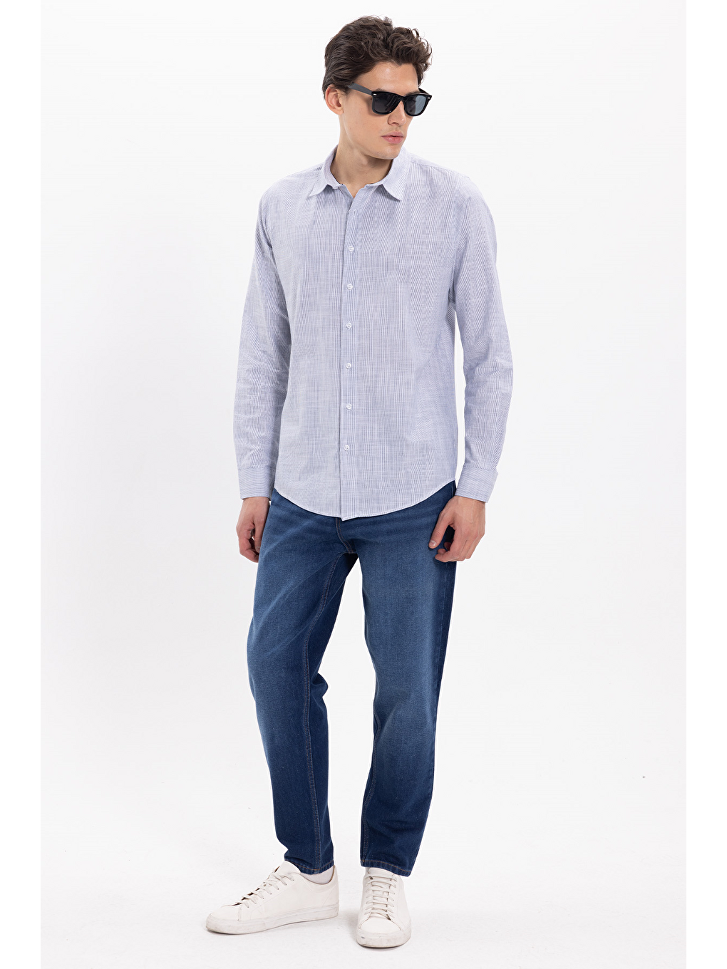 Erkek Slim Fit Dar Kesim %100 Pamuk Çizgili Uzun Kollu Keten Efektli Lacivert Gömlek-1