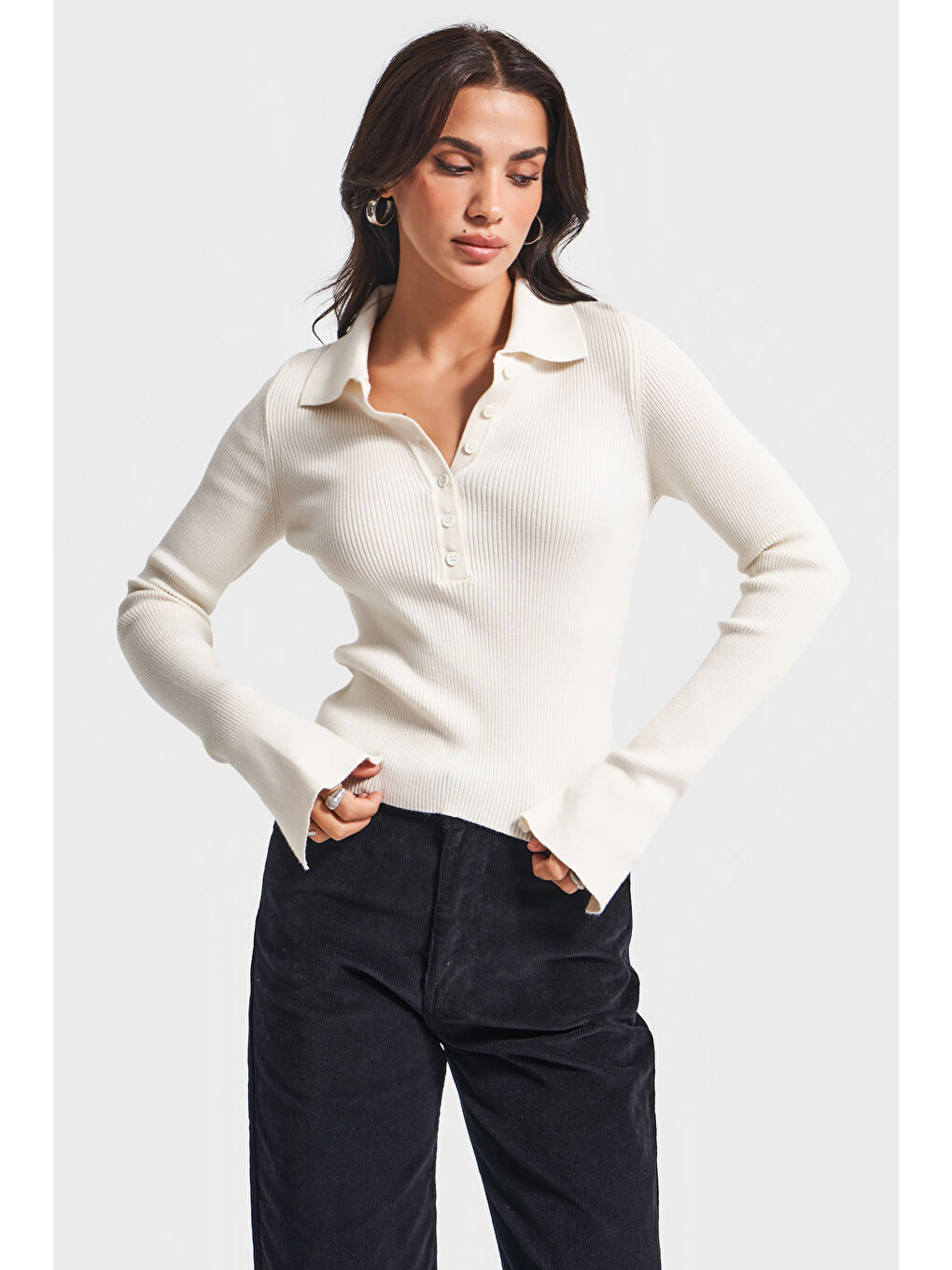 Kadın Ekru Renk w5-101 Polo Yaka Viskon Esnek Kumaş Triko