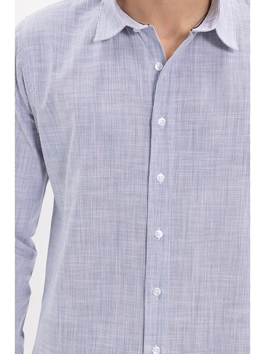 Erkek Slim Fit Dar Kesim %100 Pamuk Çizgili Uzun Kollu Keten Efektli Lacivert Gömlek-2