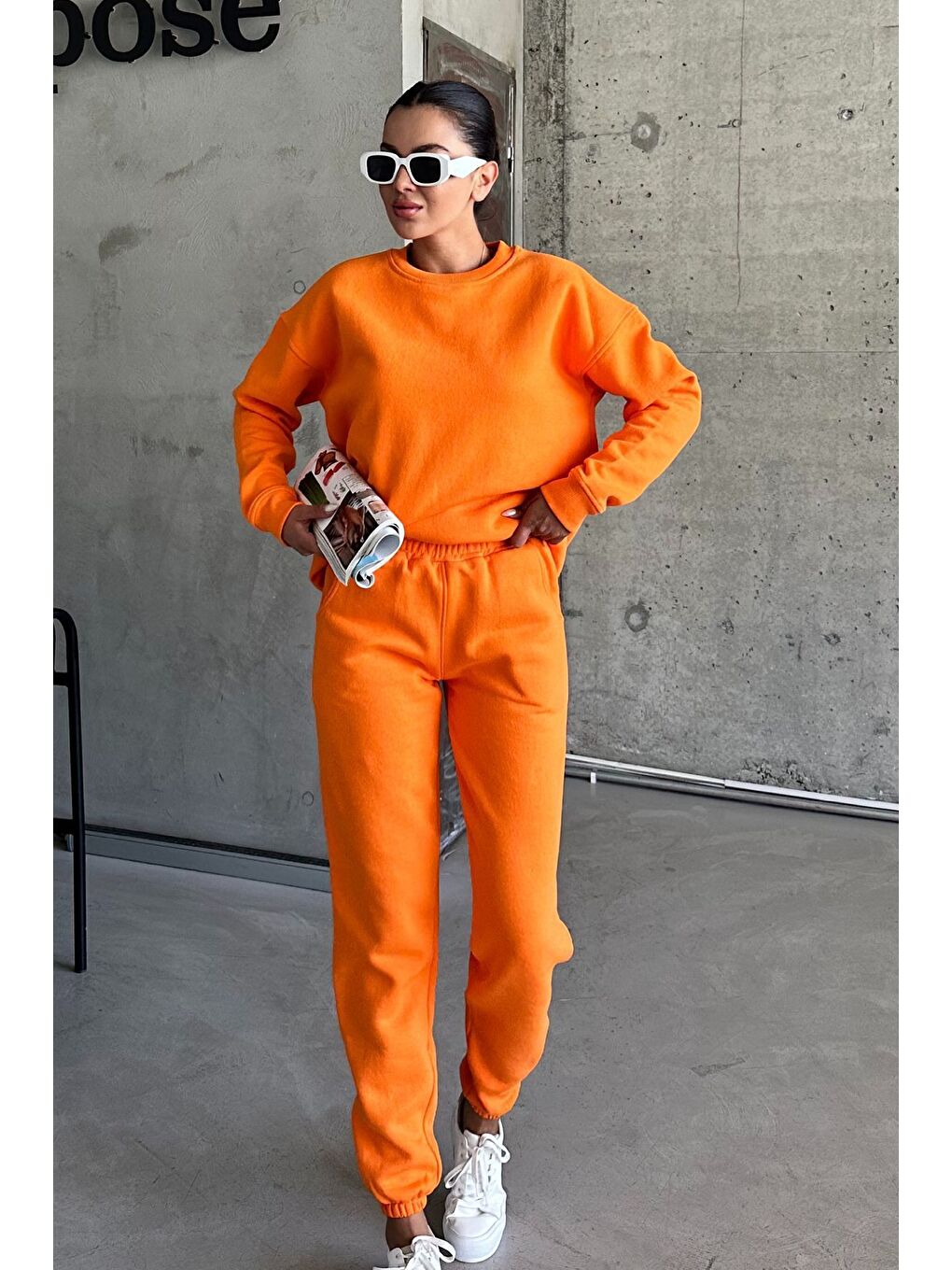 Kadın Erkek Turuncu Bisiklet Yaka Düz Oversize Alt-Üst Eşofman Takımı