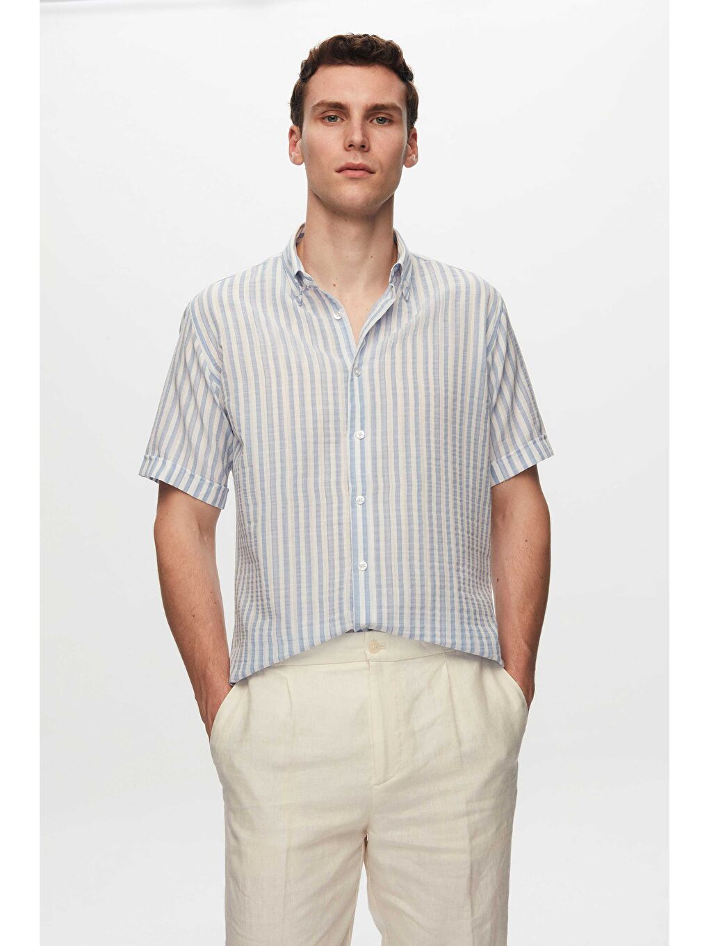 Slim Fit Mavi Gofre Çizgili Kısa Kollu Yazlık Gömlek-1