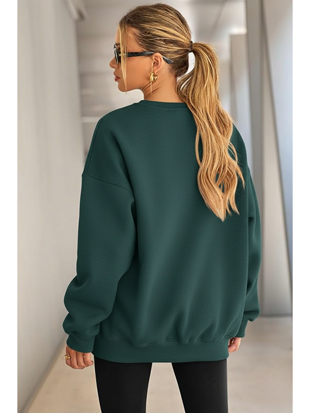 Yeşil Genıus Store Kadın Sweatshirt Oversize Geniş Kalıp İçi Şardonlu Bisiklet Yaka Oversize Sweatshirt KA-2