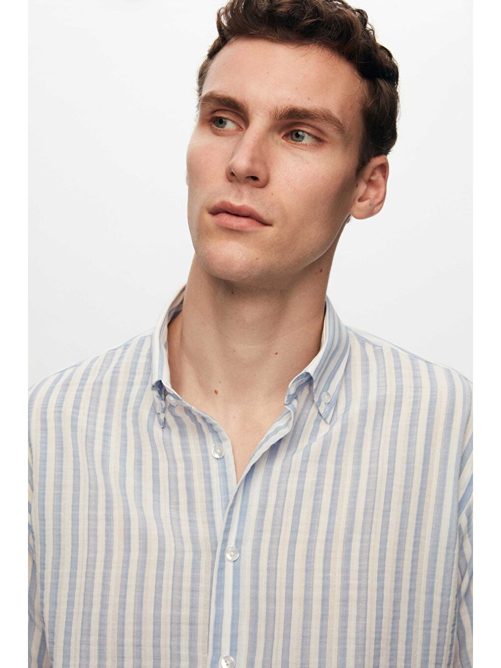 Slim Fit Mavi Gofre Çizgili Kısa Kollu Yazlık Gömlek-2