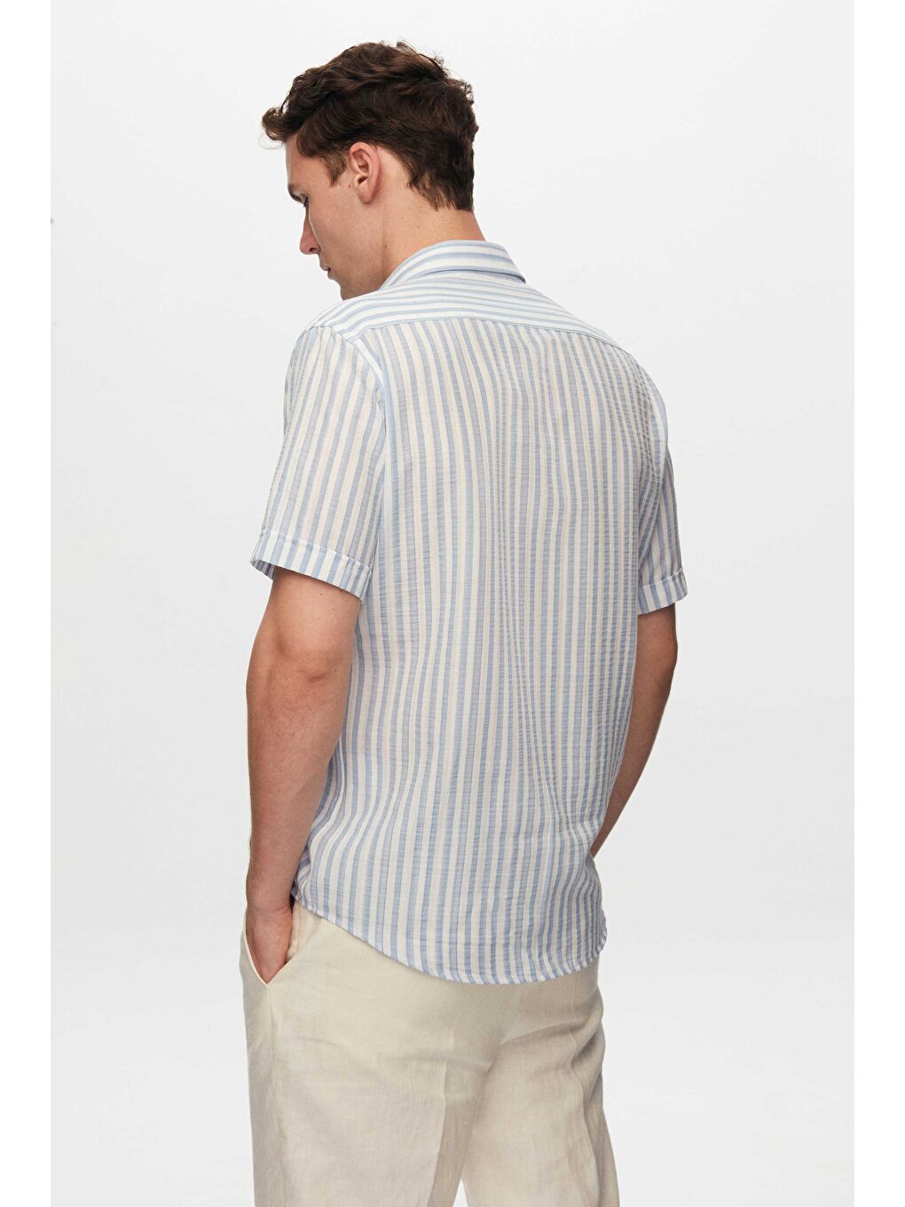 Slim Fit Mavi Gofre Çizgili Kısa Kollu Yazlık Gömlek-3