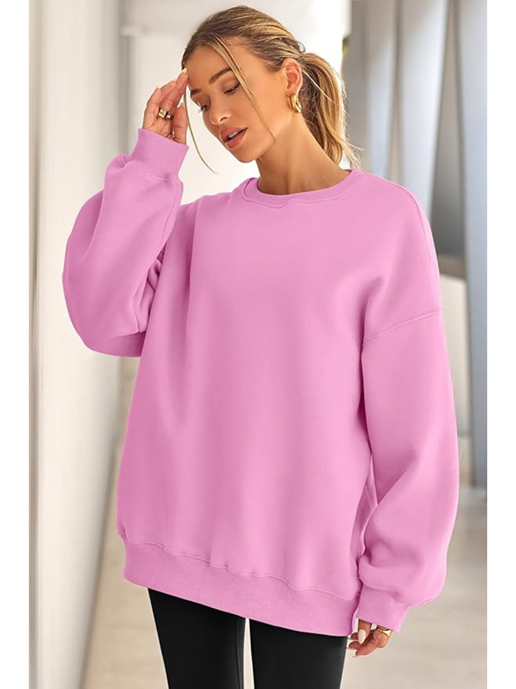 Pembe Genıus Store Kadın Sweatshirt Oversize Geniş Kalıp İçi Şardonlu Bisiklet Yaka Oversize Sweatshirt KA