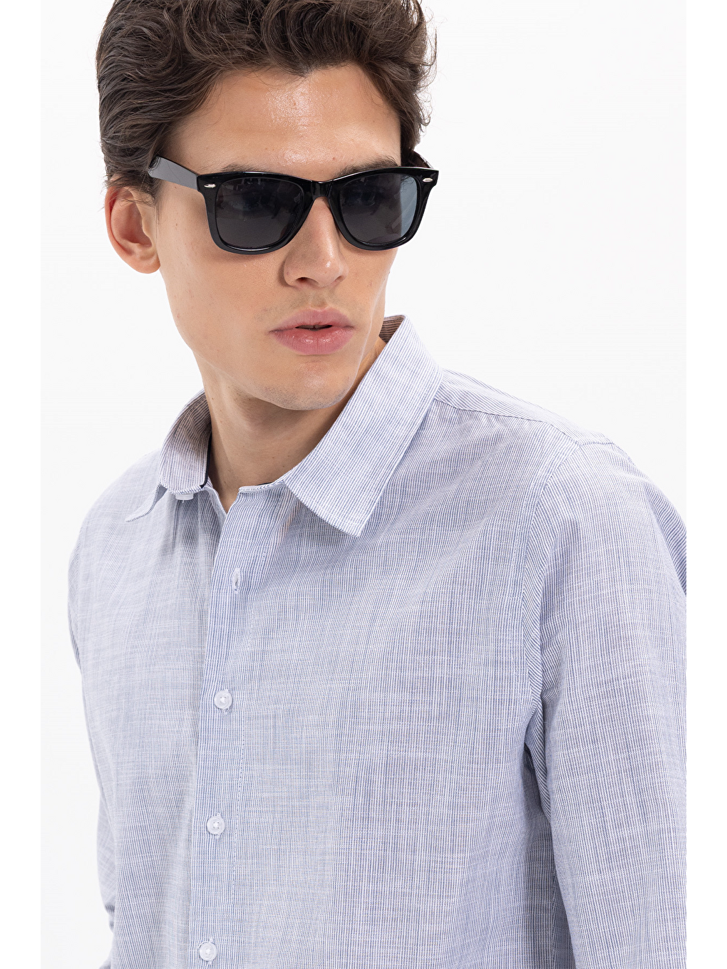Erkek Slim Fit Dar Kesim %100 Pamuk Çizgili Uzun Kollu Keten Efektli Lacivert Gömlek-3