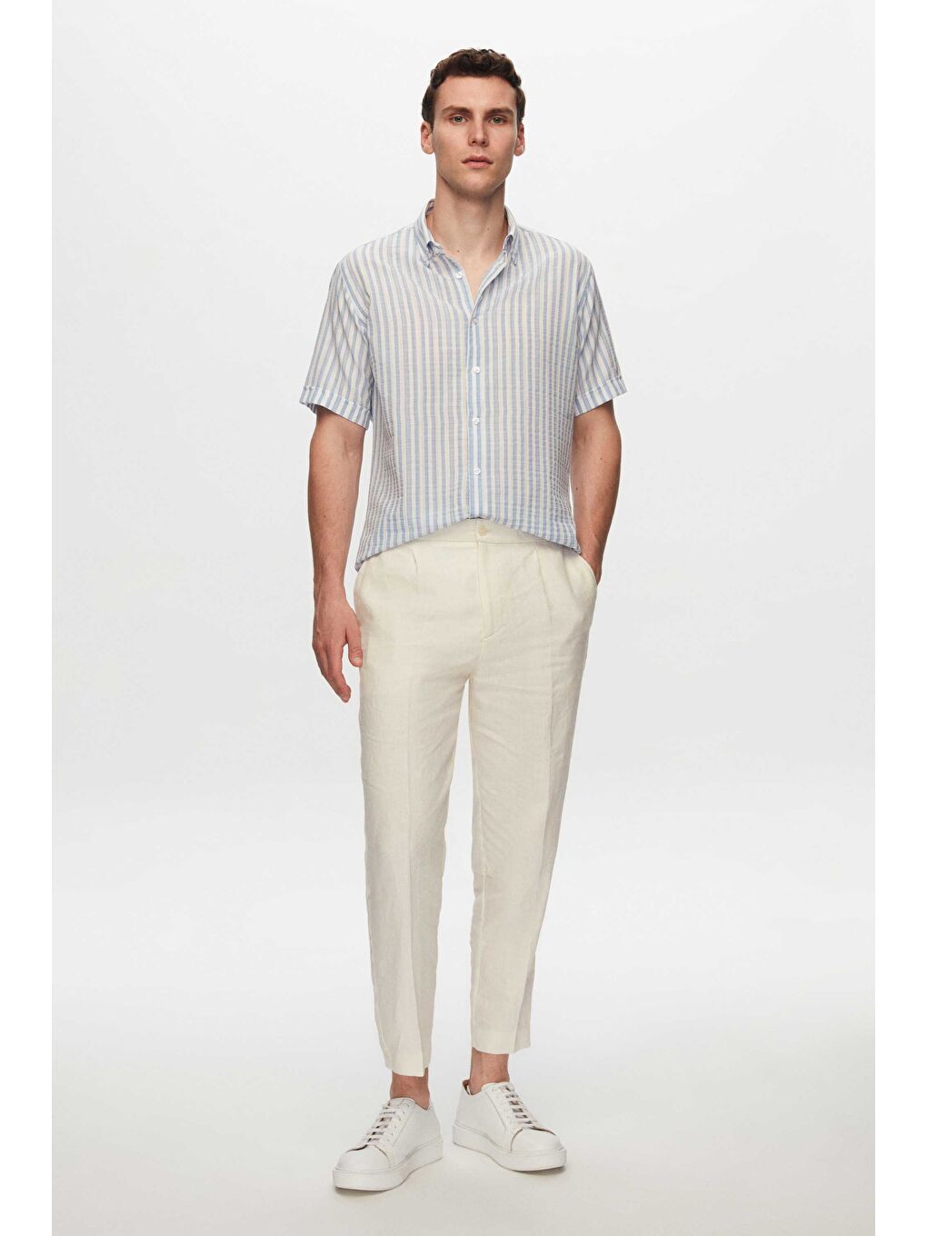 Slim Fit Mavi Gofre Çizgili Kısa Kollu Yazlık Gömlek-5