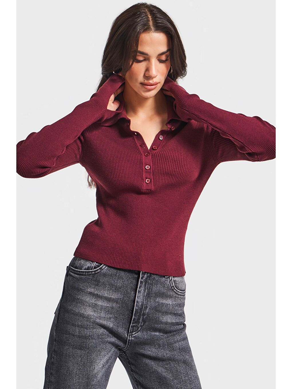 Kadın Bordo Renk w5-35 Polo Yaka Viskon Esnek Kumaş Triko-1