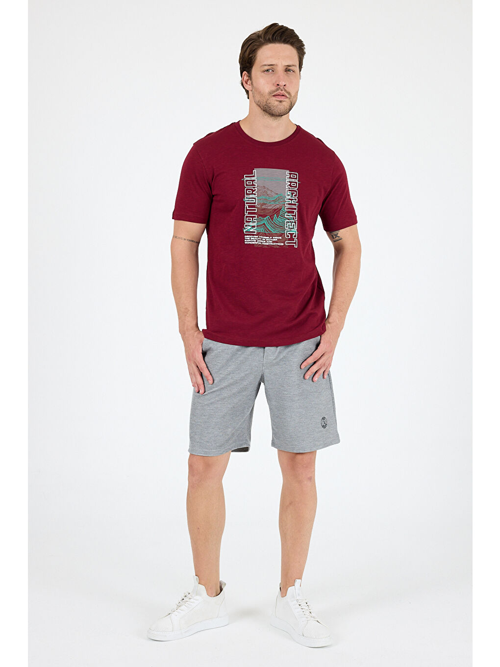 Bordo Bisiklet Yaka Baskılı Penye Erkek %100 Pamuk Tişört-2