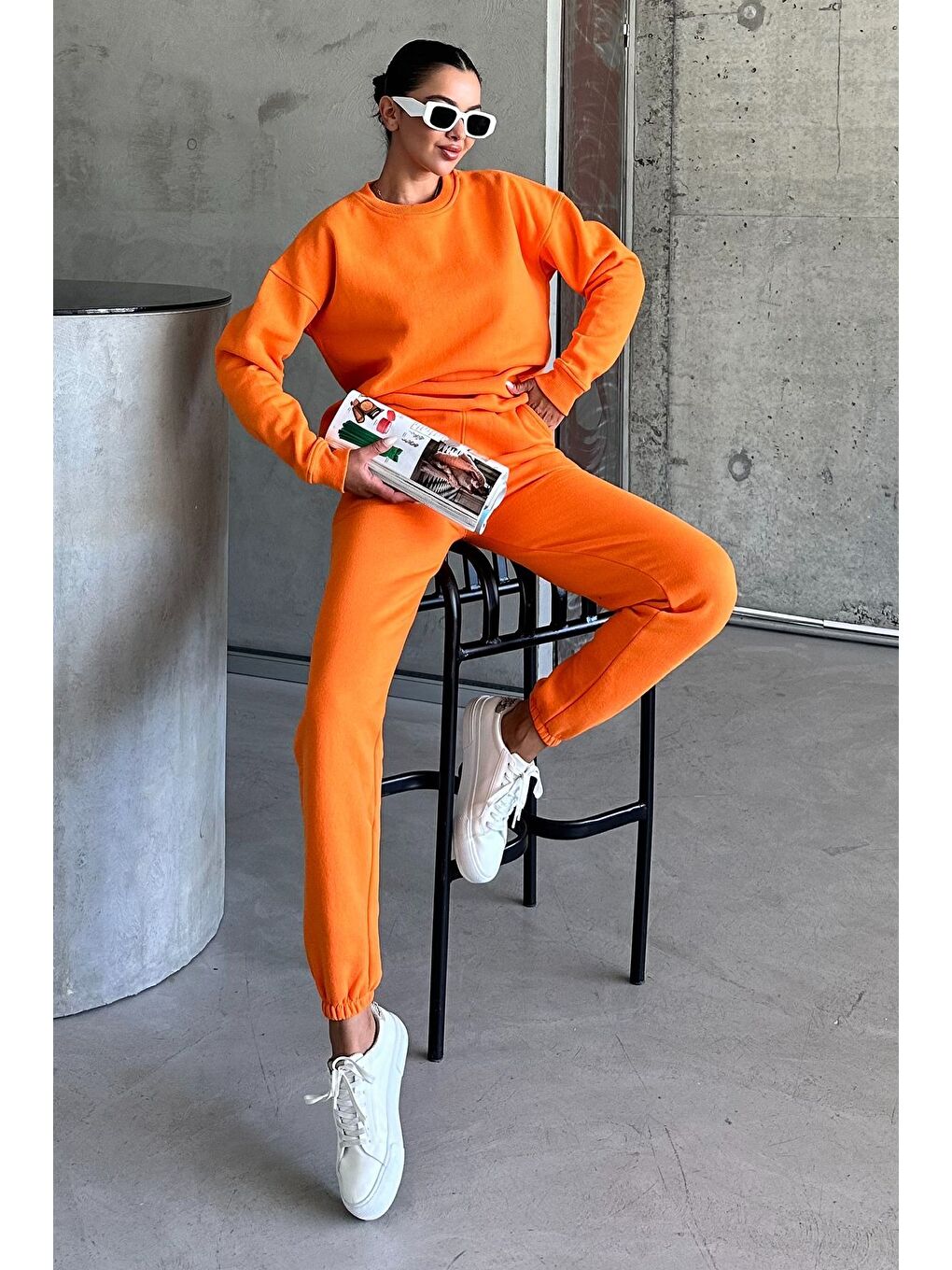 Kadın Erkek Turuncu Bisiklet Yaka Düz Oversize Alt-Üst Eşofman Takımı-1