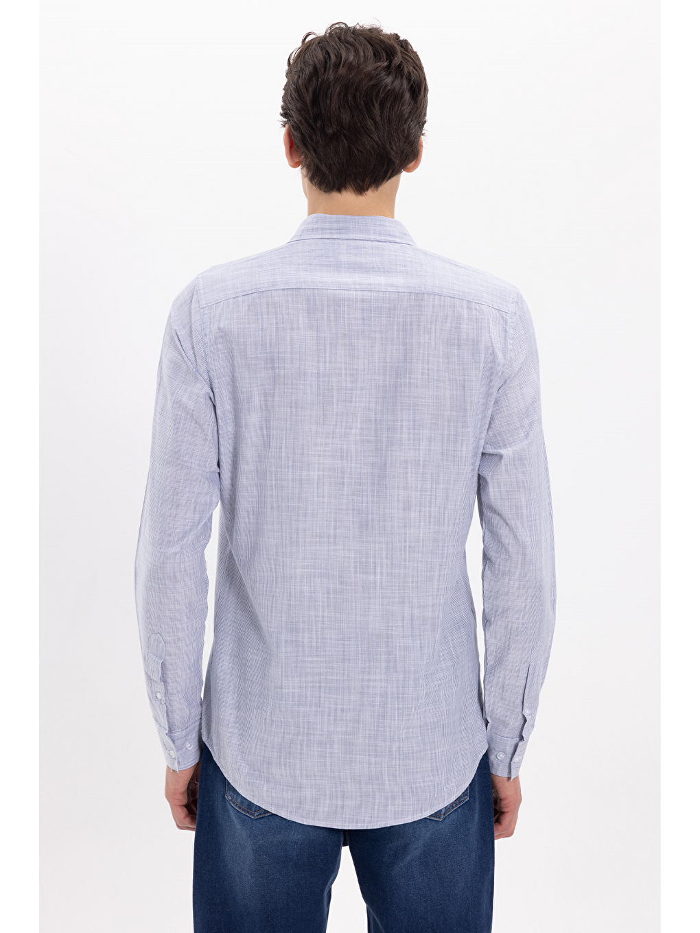 Erkek Slim Fit Dar Kesim %100 Pamuk Çizgili Uzun Kollu Keten Efektli Lacivert Gömlek-5