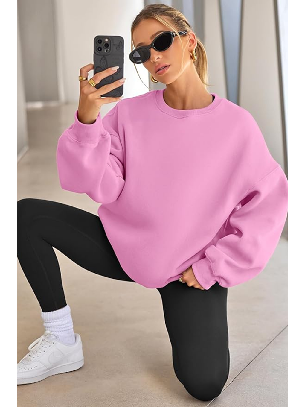 Pembe Genıus Store Kadın Sweatshirt Oversize Geniş Kalıp İçi Şardonlu Bisiklet Yaka Oversize Sweatshirt KA-1
