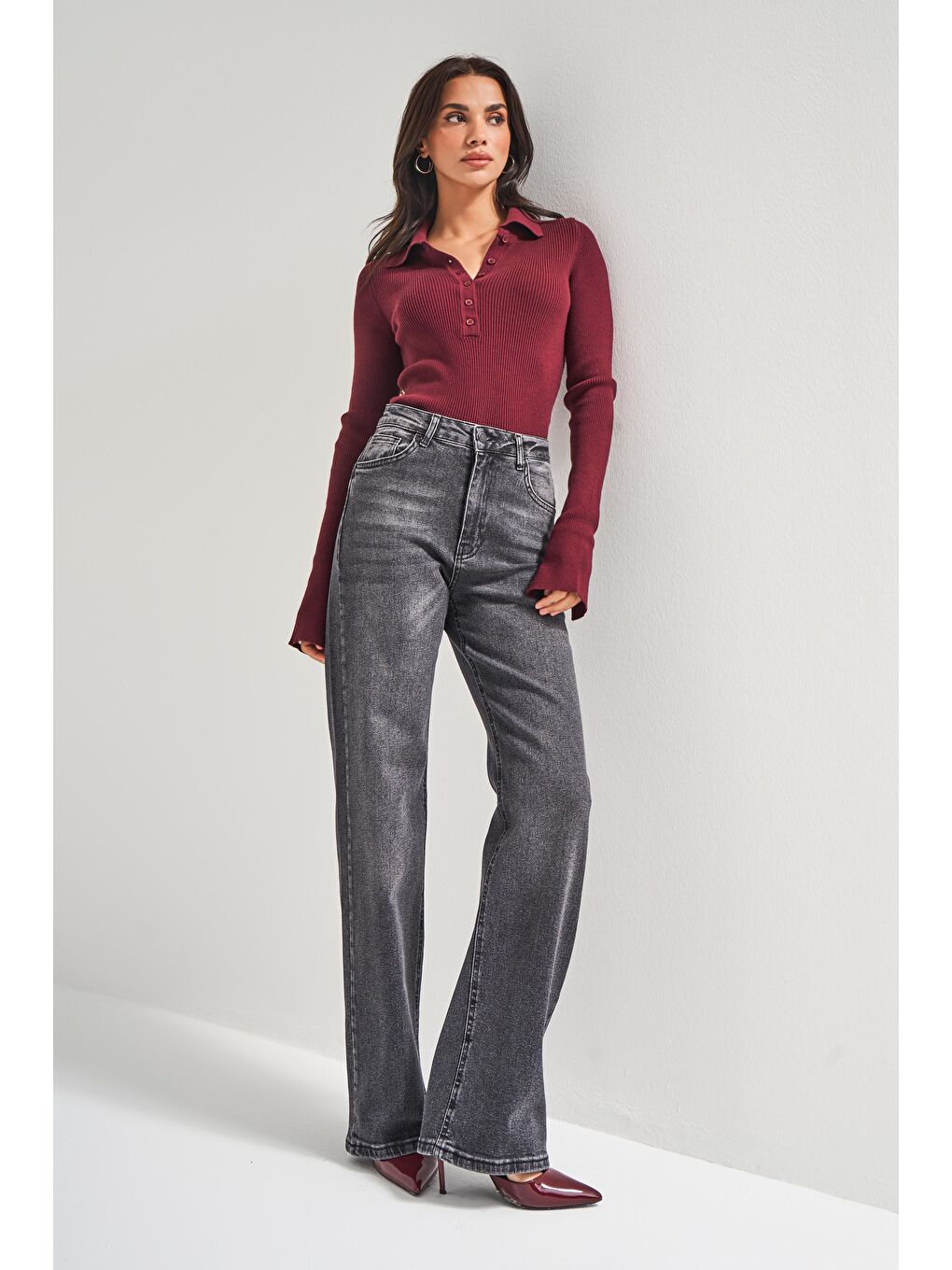 Kadın Bordo Renk w5-35 Polo Yaka Viskon Esnek Kumaş Triko-2