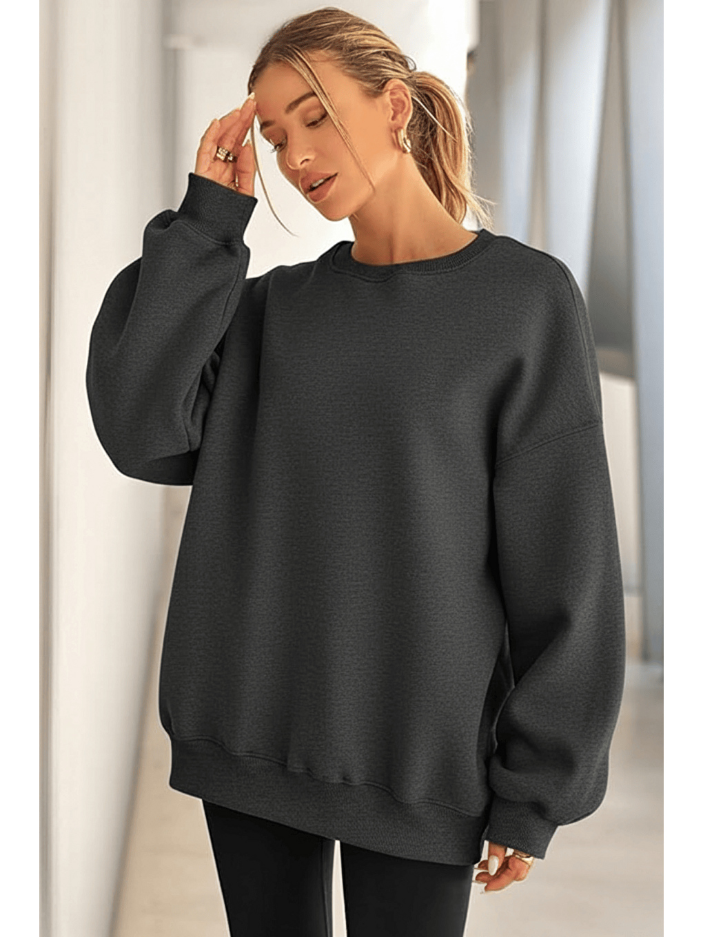 Gri Genıus Store Kadın Sweatshirt Oversize Geniş Kalıp İçi Şardonlu Bisiklet Yaka Oversize Sweatshirt Ka