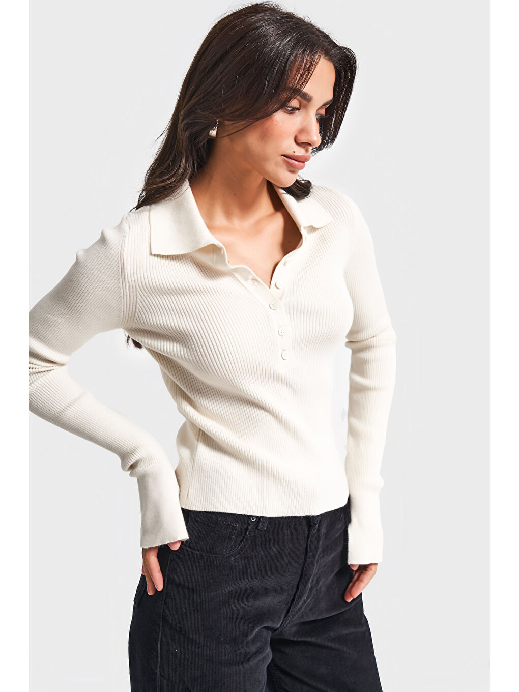 Kadın Ekru Renk w5-101 Polo Yaka Viskon Esnek Kumaş Triko-1