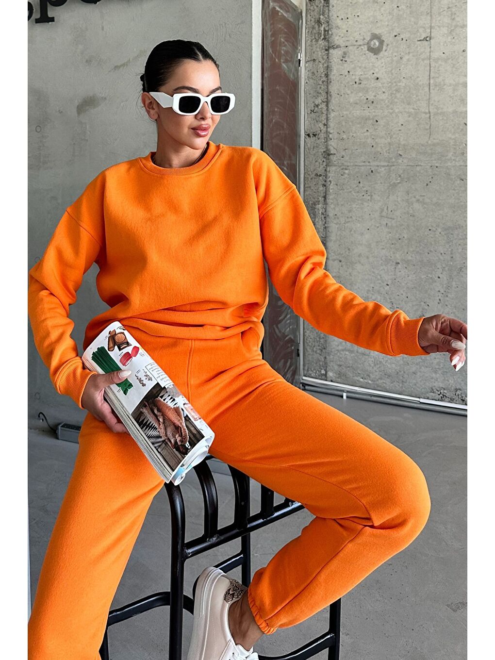 Kadın Erkek Turuncu Bisiklet Yaka Düz Oversize Alt-Üst Eşofman Takımı-2