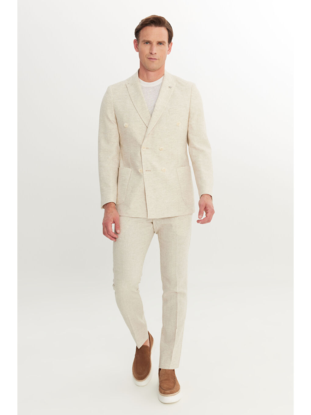 Erkek Bej Keten Slim Fit Dar Kesim Kırlangıç Yaka Desenli Kruvaze Takım Elbise-5