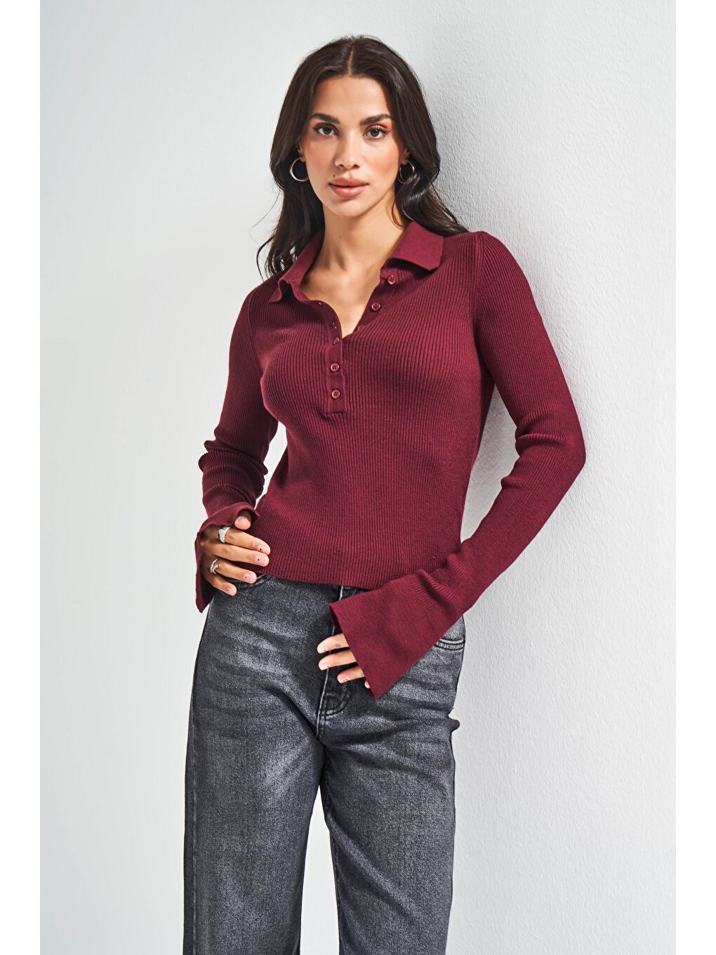 Kadın Bordo Renk w5-35 Polo Yaka Viskon Esnek Kumaş Triko-3