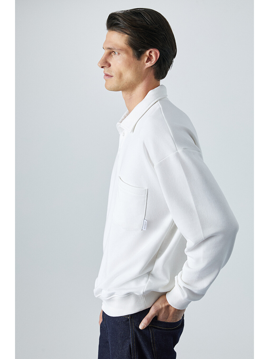 Sımplyfy Erkek Polo Yaka Uzun Kollu Oversize Düğmeli Beyaz T-shirt-1