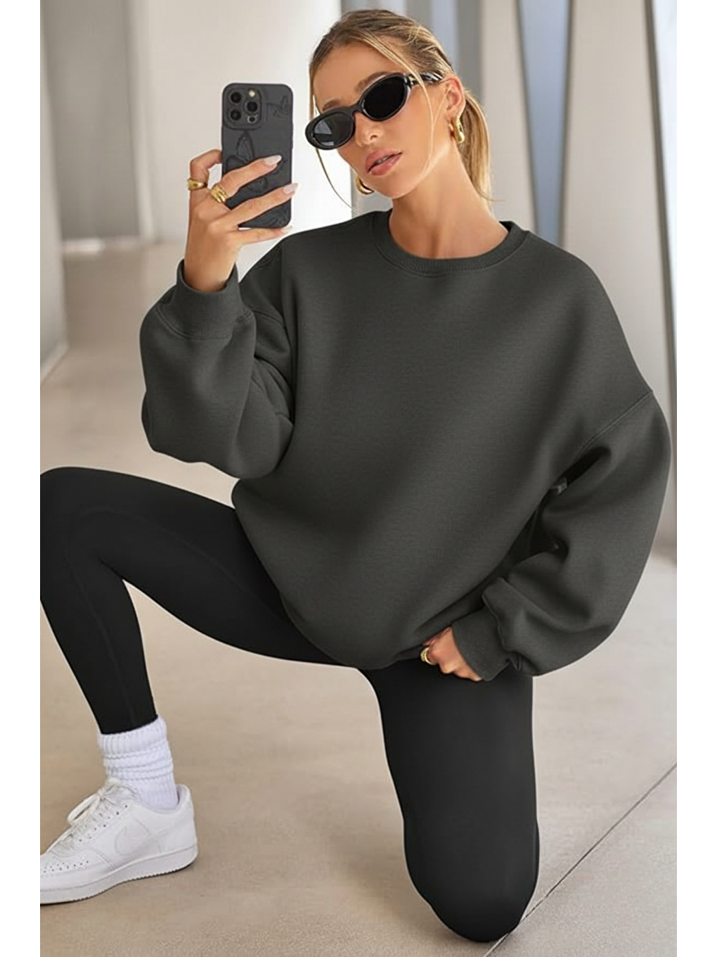 Gri Genıus Store Kadın Sweatshirt Oversize Geniş Kalıp İçi Şardonlu Bisiklet Yaka Oversize Sweatshirt Ka-1
