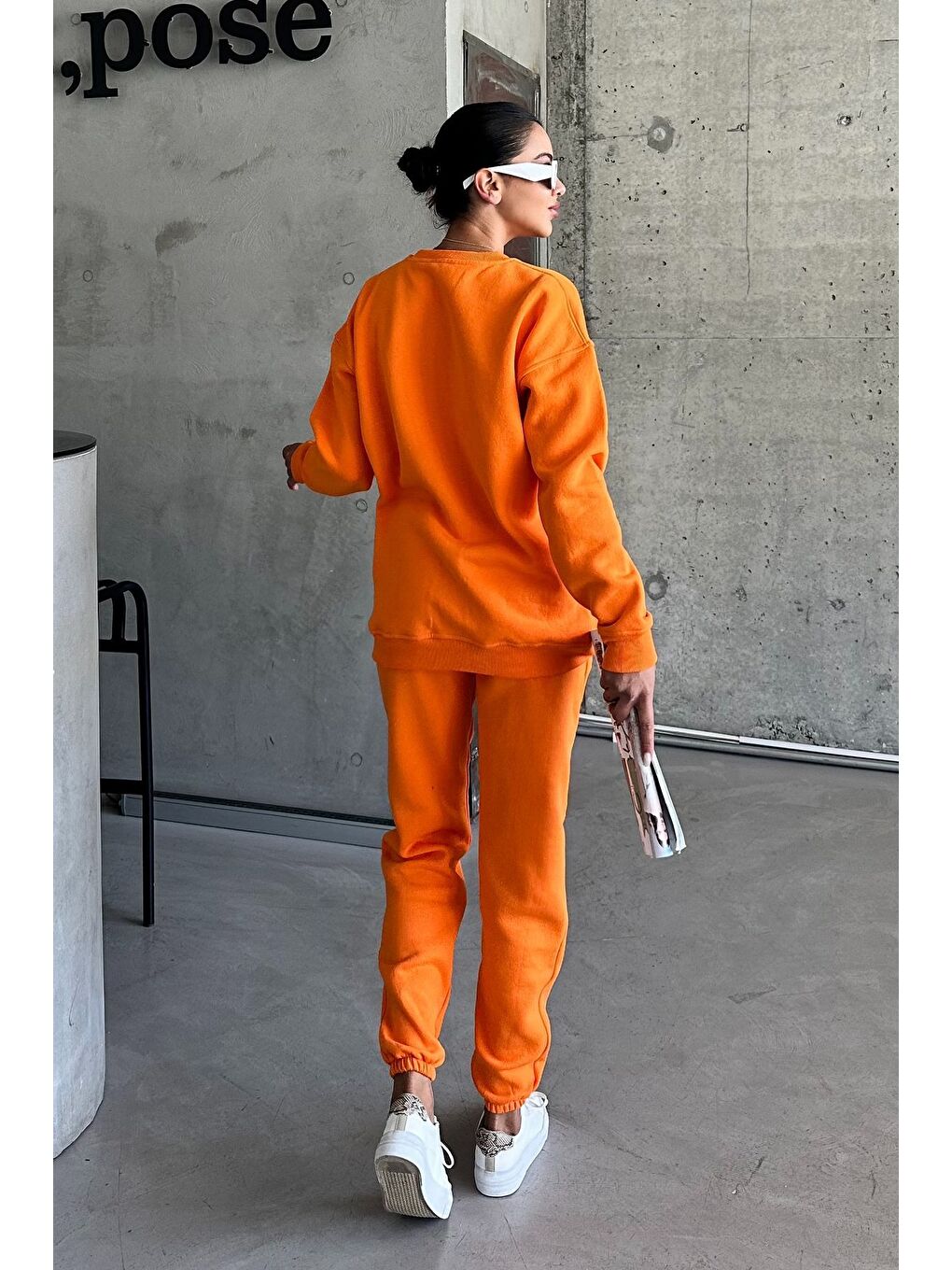 Kadın Erkek Turuncu Bisiklet Yaka Düz Oversize Alt-Üst Eşofman Takımı-3