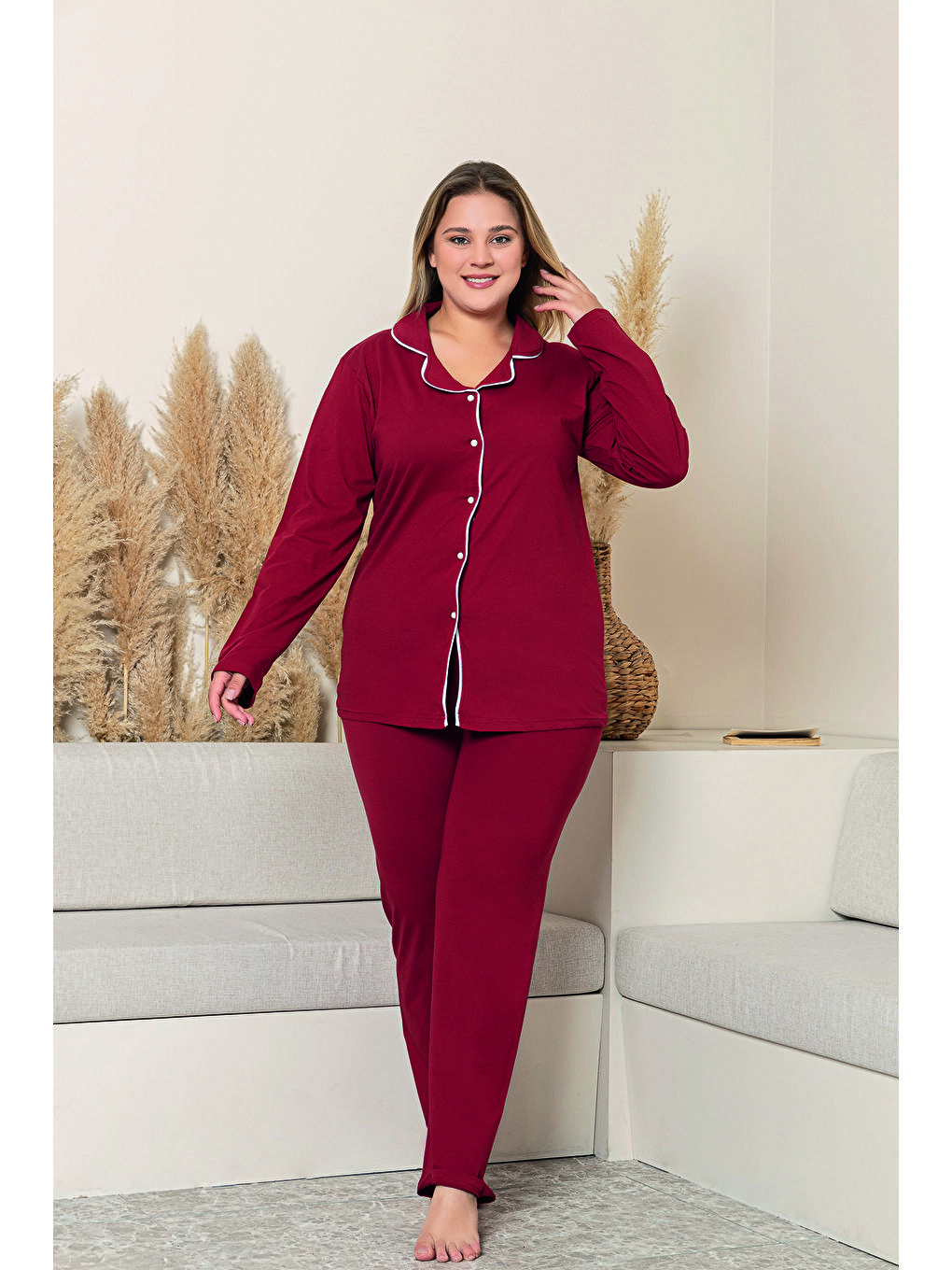 Bordo Kadın %100 Organik Pamuk Doğal Gömlek Yaka Düğmeli Uzun Kollu Biyeli Battal Pijama Takımı-2