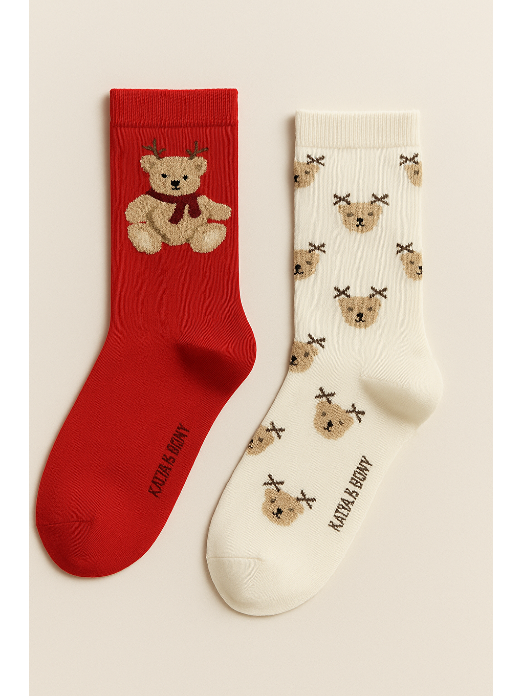 Kadın 2'Li Teddy Desenli Yılbaşı Temalı Soket Çorap Kırmızı Mix