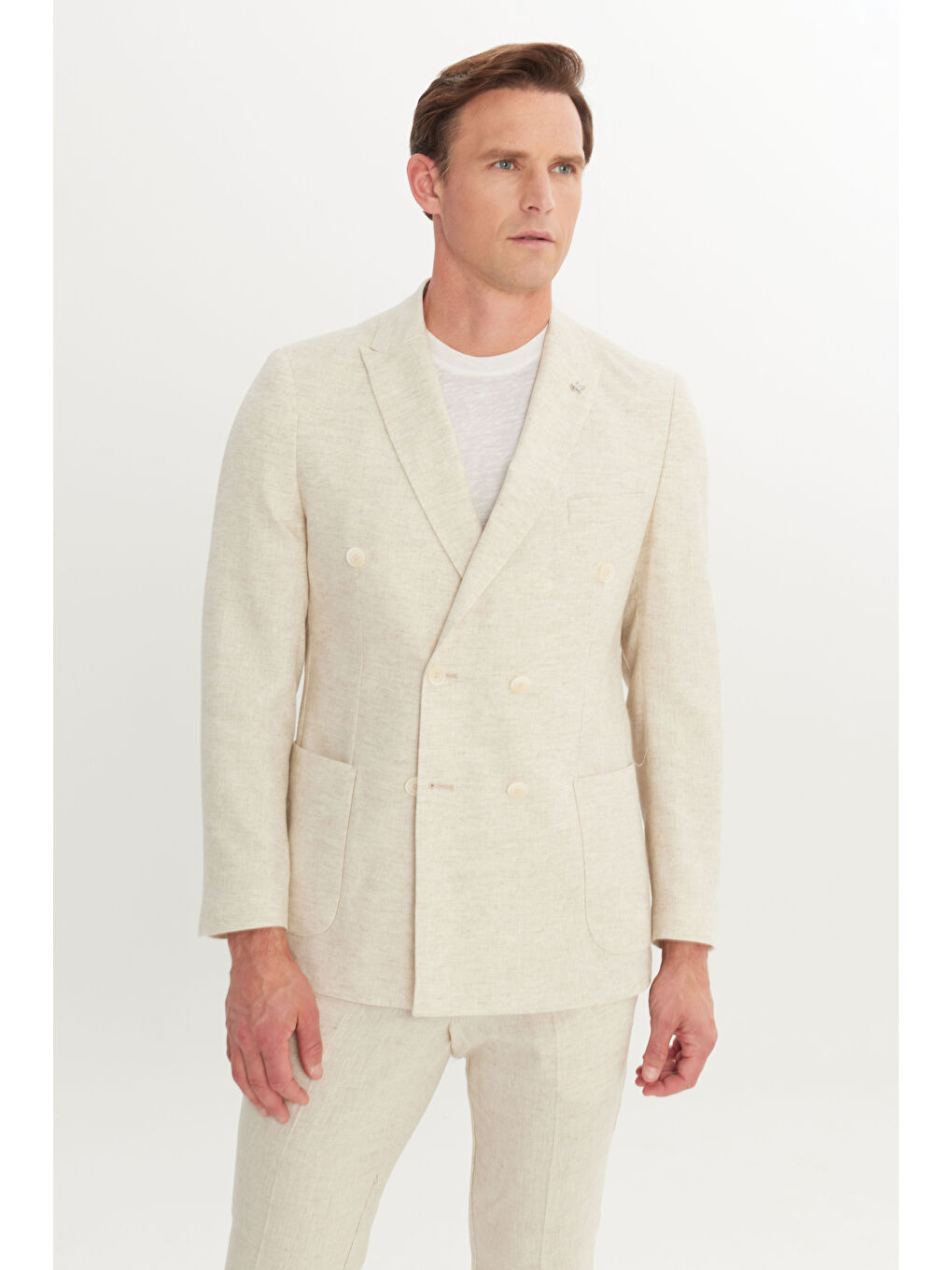 Erkek Bej Keten Slim Fit Dar Kesim Kırlangıç Yaka Desenli Kruvaze Takım Elbise-4