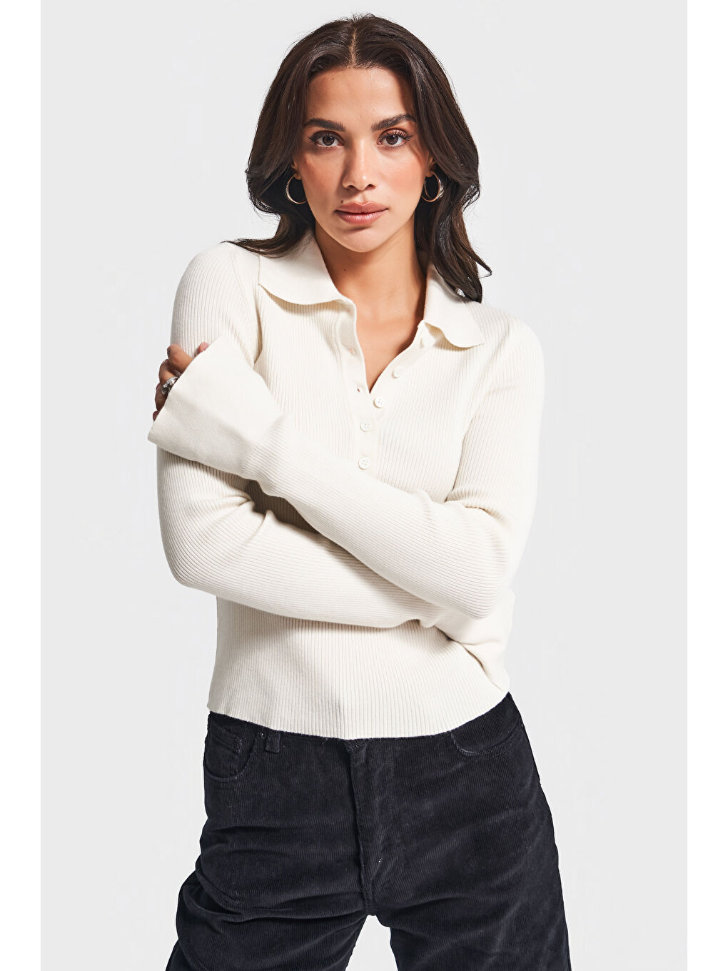 Kadın Ekru Renk w5-101 Polo Yaka Viskon Esnek Kumaş Triko-4