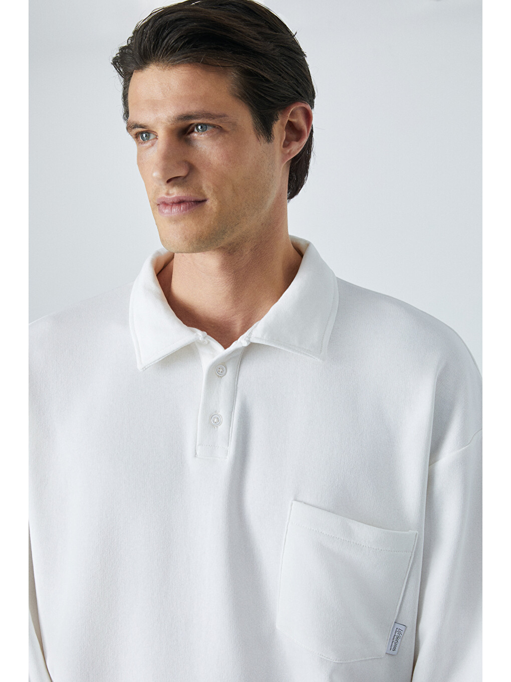 Sımplyfy Erkek Polo Yaka Uzun Kollu Oversize Düğmeli Beyaz T-shirt-2