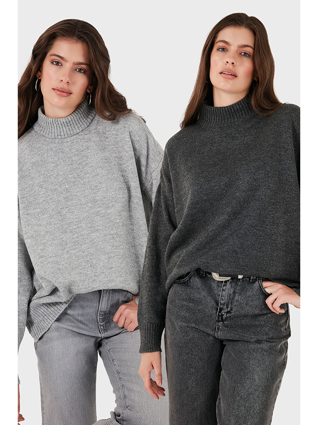 Antrasit Oversize Fit Balıkçı Yaka Yumuşak Dokulu 2'li Paket Triko Kazak 680KZ00469S2