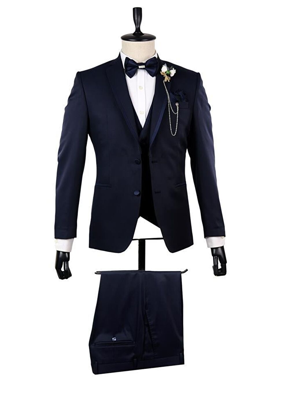 Koyu Lacivert Mono Yaka Astarlı Yelekli 6 Drop Slim Fit Smokin Damatlık 1001210100