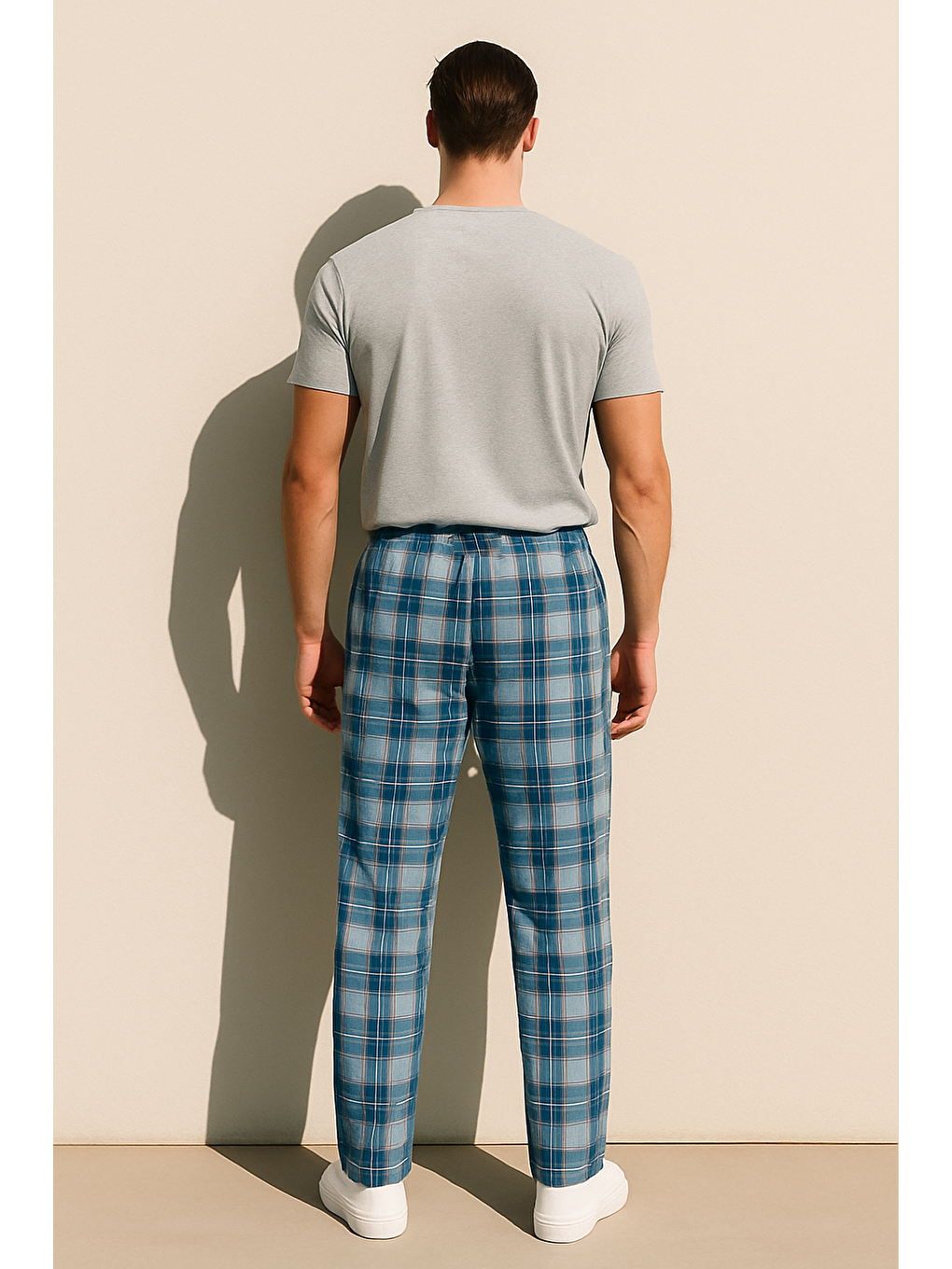 Mavi Erkek %100 Pamuk Cepli Ekose Pijama Altı-1