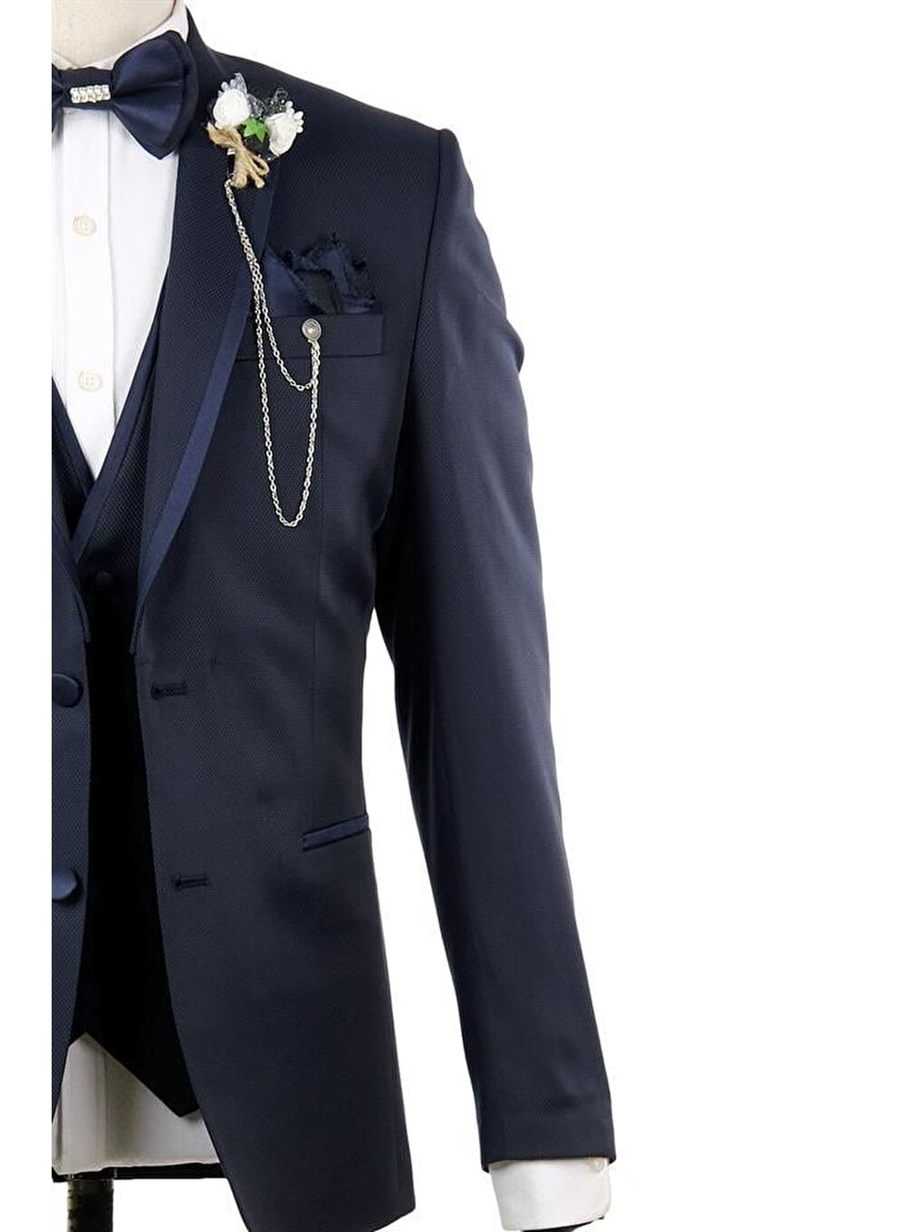 Koyu Lacivert Mono Yaka Astarlı Yelekli 6 Drop Slim Fit Smokin Damatlık 1001210100-1