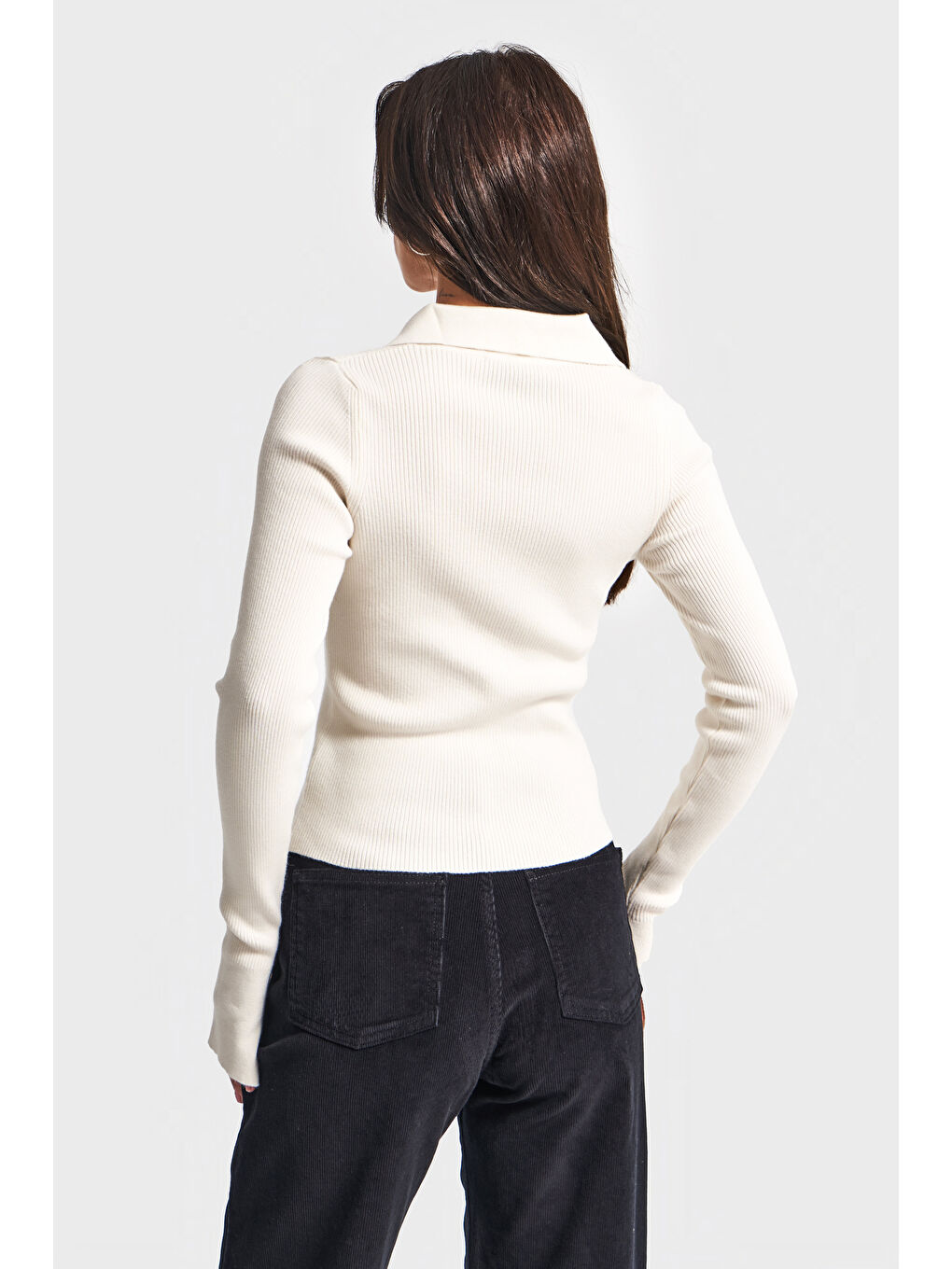 Kadın Ekru Renk w5-101 Polo Yaka Viskon Esnek Kumaş Triko-5