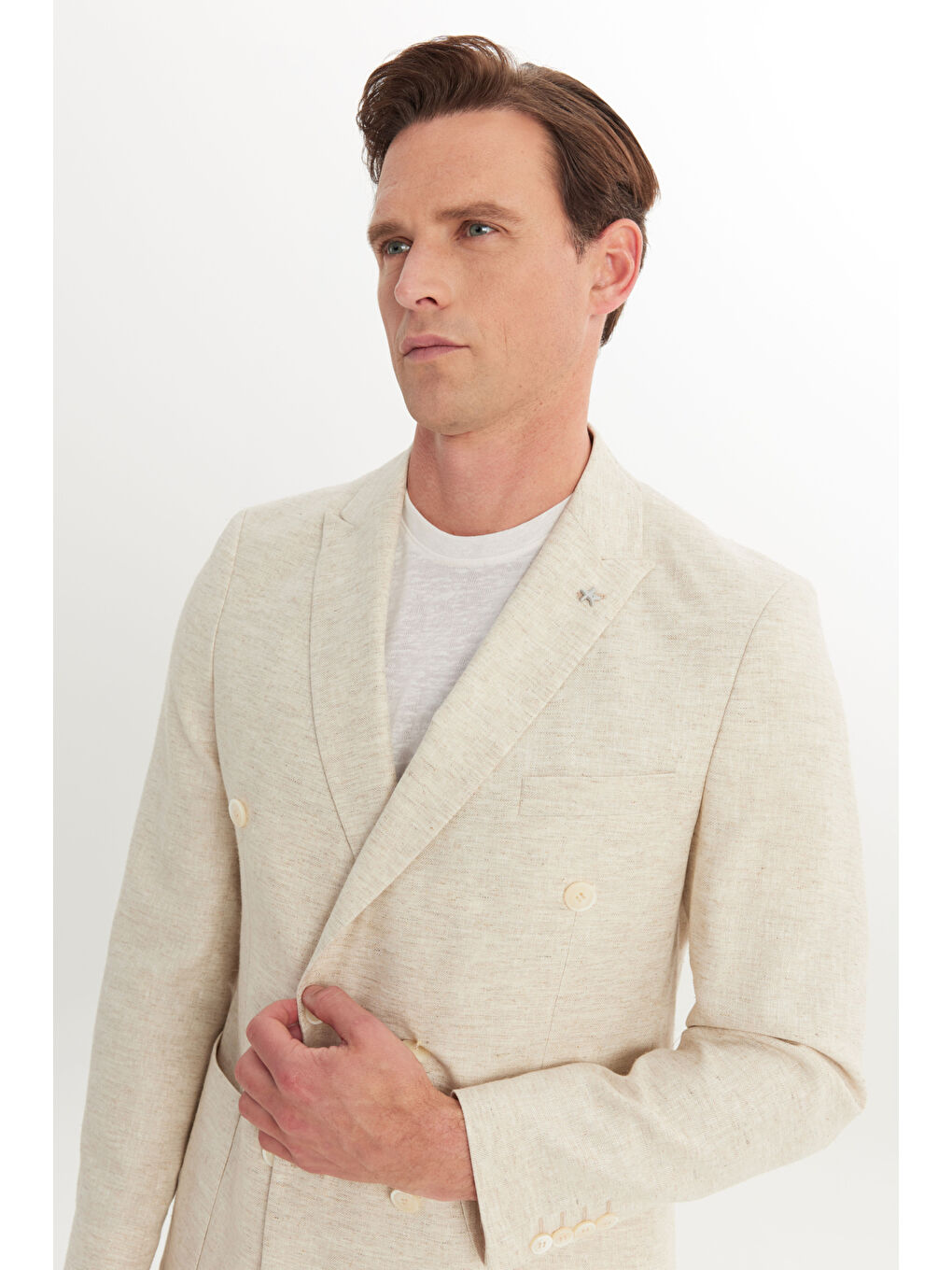 Erkek Bej Keten Slim Fit Dar Kesim Kırlangıç Yaka Desenli Kruvaze Takım Elbise-3