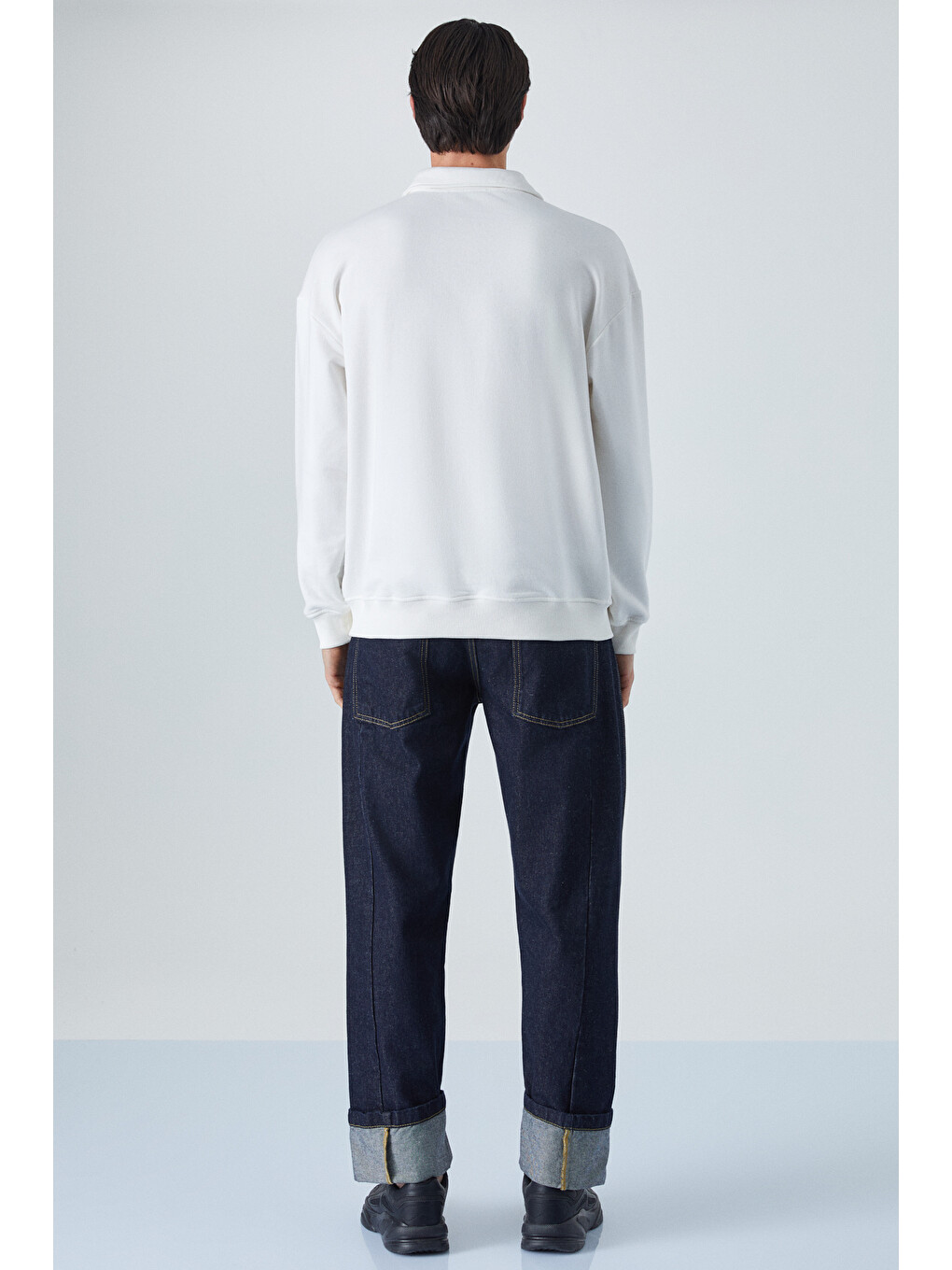 Sımplyfy Erkek Polo Yaka Uzun Kollu Oversize Düğmeli Beyaz T-shirt-3