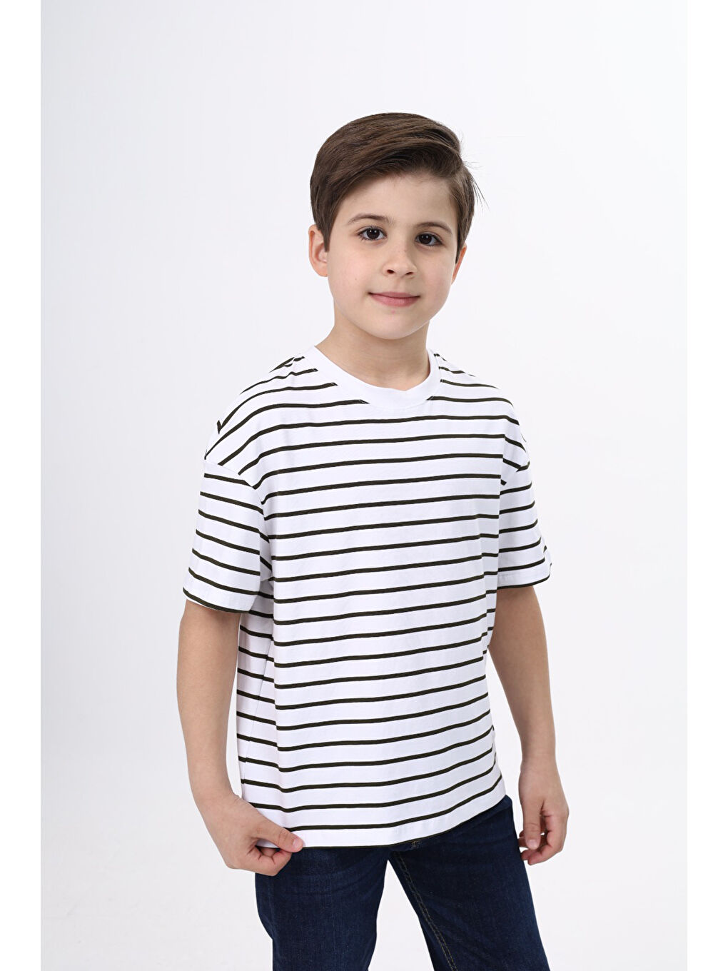 Lacivert Unisex Çocuk Çizgili Tişört-4