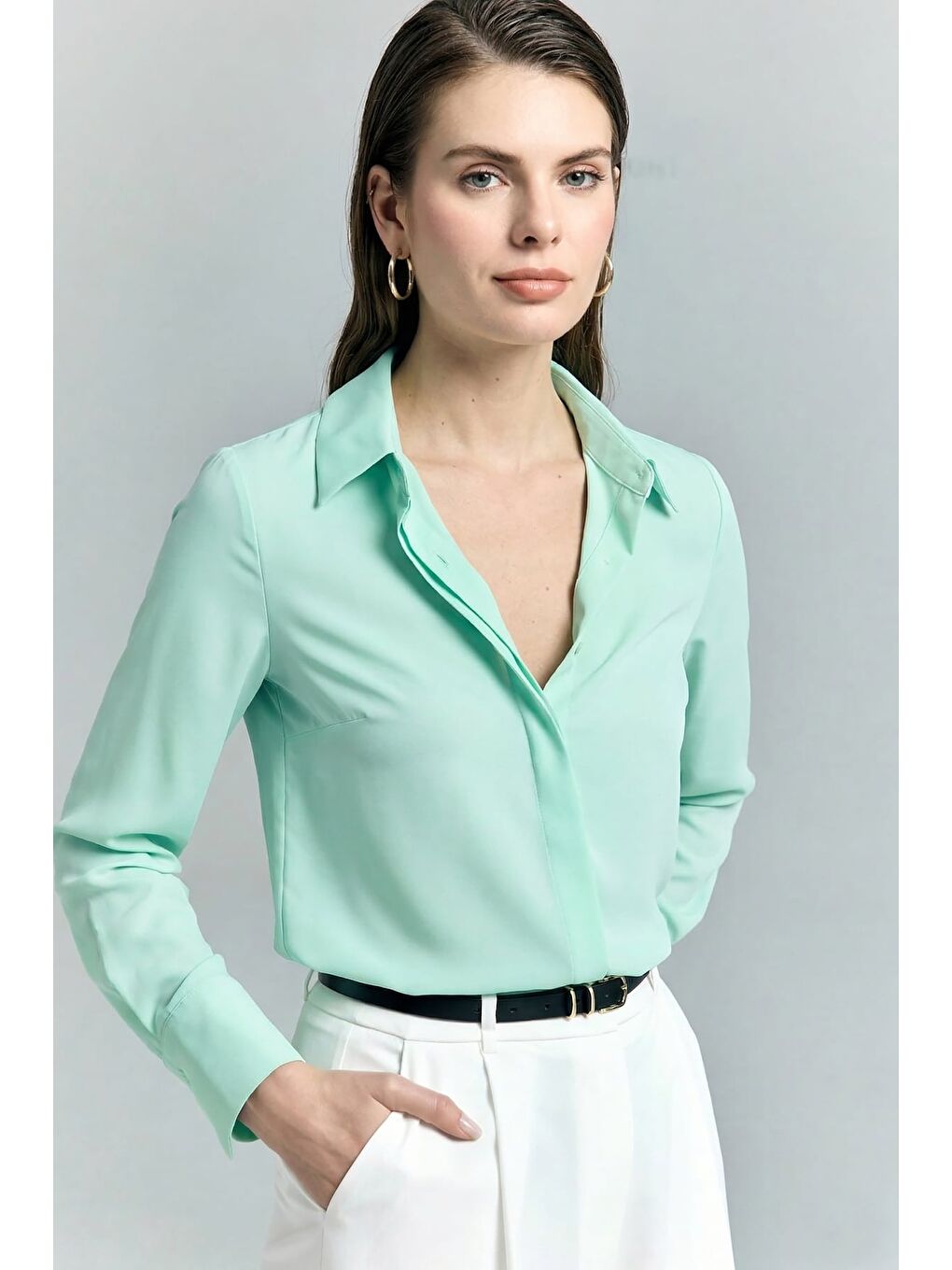 Yeşil Klasik Düz Gömlek - Mint-1