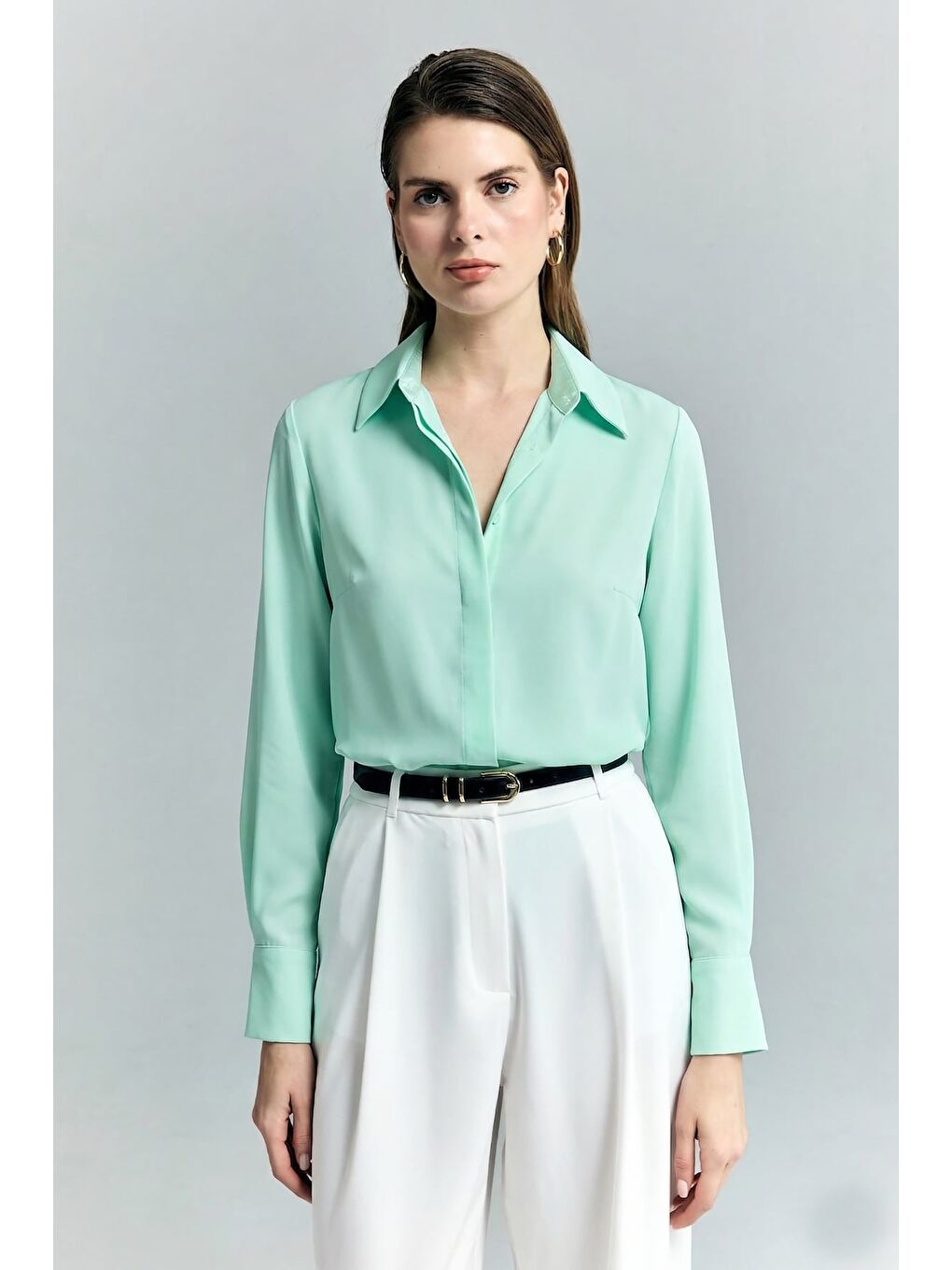 Yeşil Klasik Düz Gömlek - Mint-2
